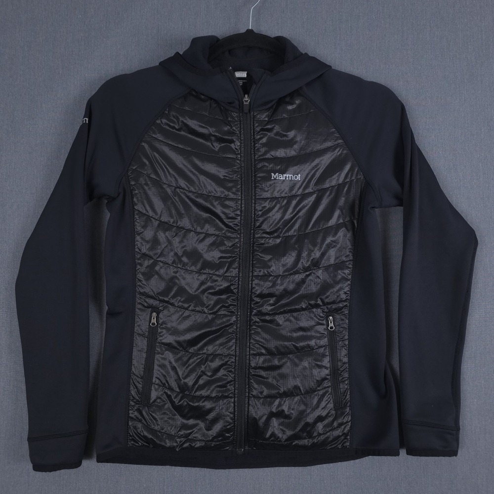 Marmot Variant Hooded Jacket Womens Large Black Hybrid Puffer Full Zip Polartec